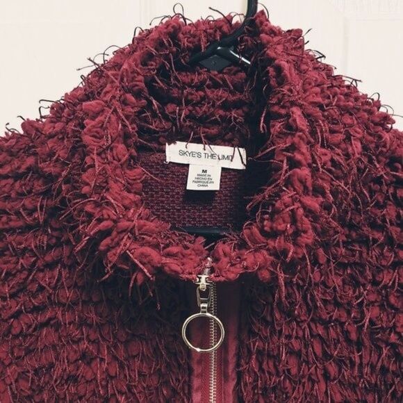 SKYE'S THE LIMIT Womens M Red Cranberry Shaggy Teddy Zip Pullover Sweater Top - Picture 3 of 7